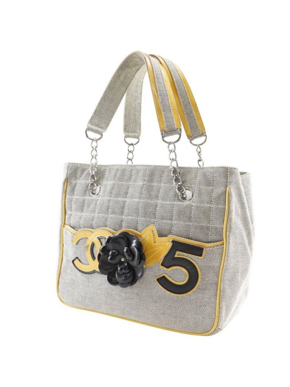 Chanel Camellia NO5 Chocolate Bar Chain Tote Canvas Gray Yellow Bag - Picture 2 of 10